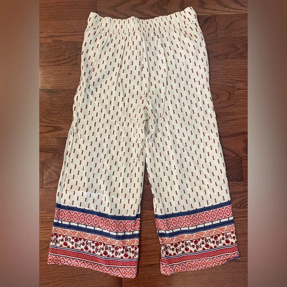 Others Follow Pants Sz L Beige w/Aztec/Floral Print Slit Legs Elastic Waist